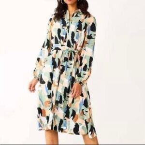 Nine West Abstract Print Tie Waist Midi Shirt Dress Size Large